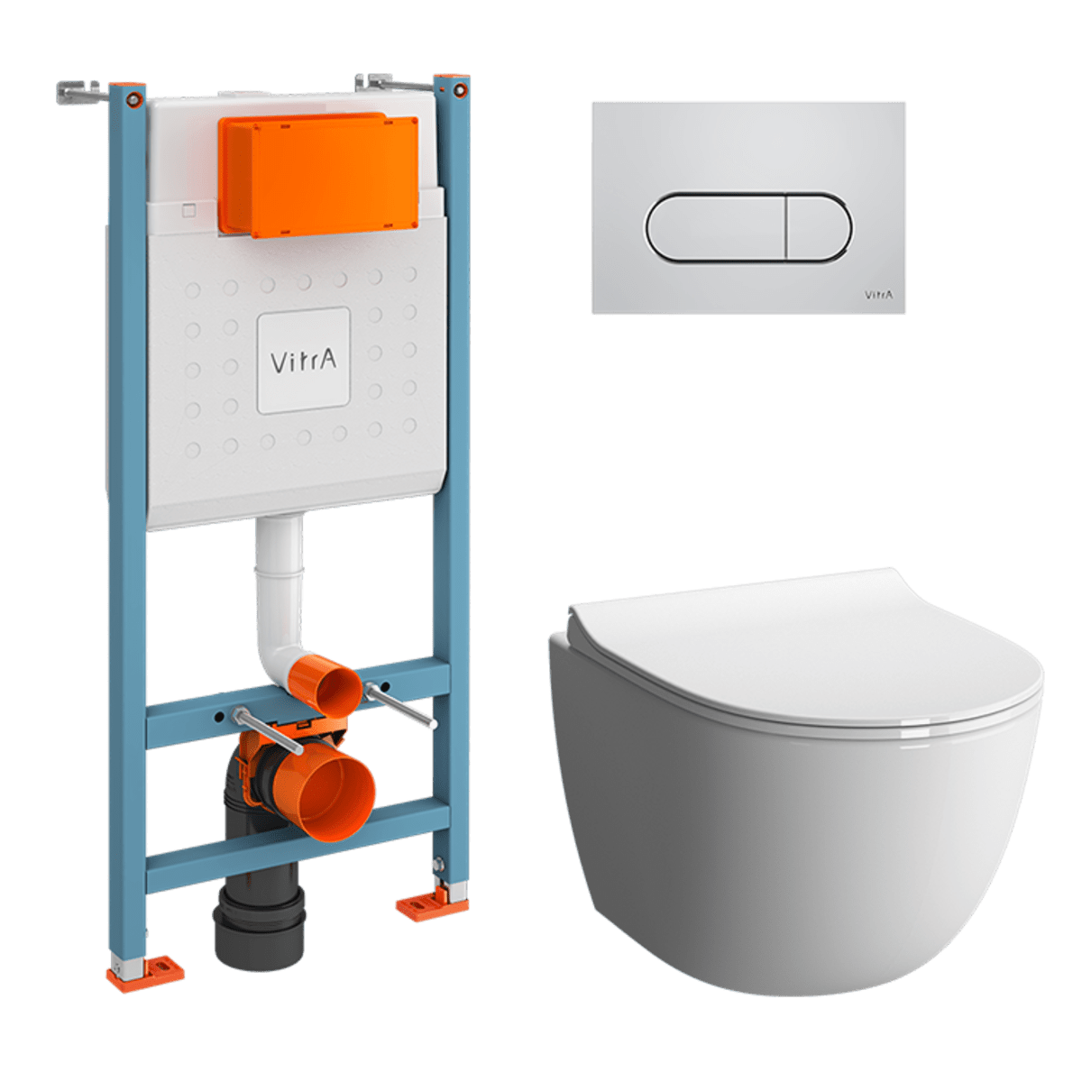 Инсталляция с унитазом VitrA Sento 9830B003-7212 комплект 4 в 1 с сиденьем микролифт безободковый цвет клавиши глянцевый хром