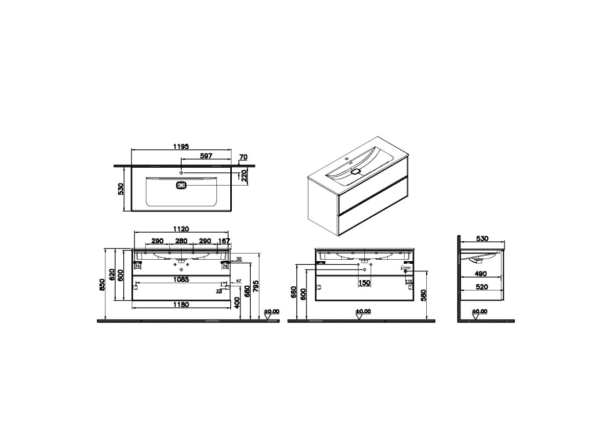 Тумба с раковиной для ванной VitrA Metropole Edge 67157 120 см грецкий орех МДФ