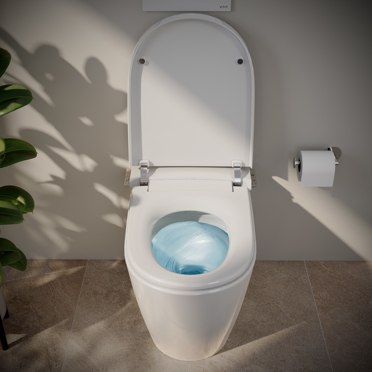Умный унитаз VitrA V-Care 3 Prime (Ви-Кеар 3 Прайм) подвесной, смыв торнадо, управление из приложения, с пульта, с боковых клавиш, персональные настройки, вариативность струи, система самоочистки, автоматическое открывание