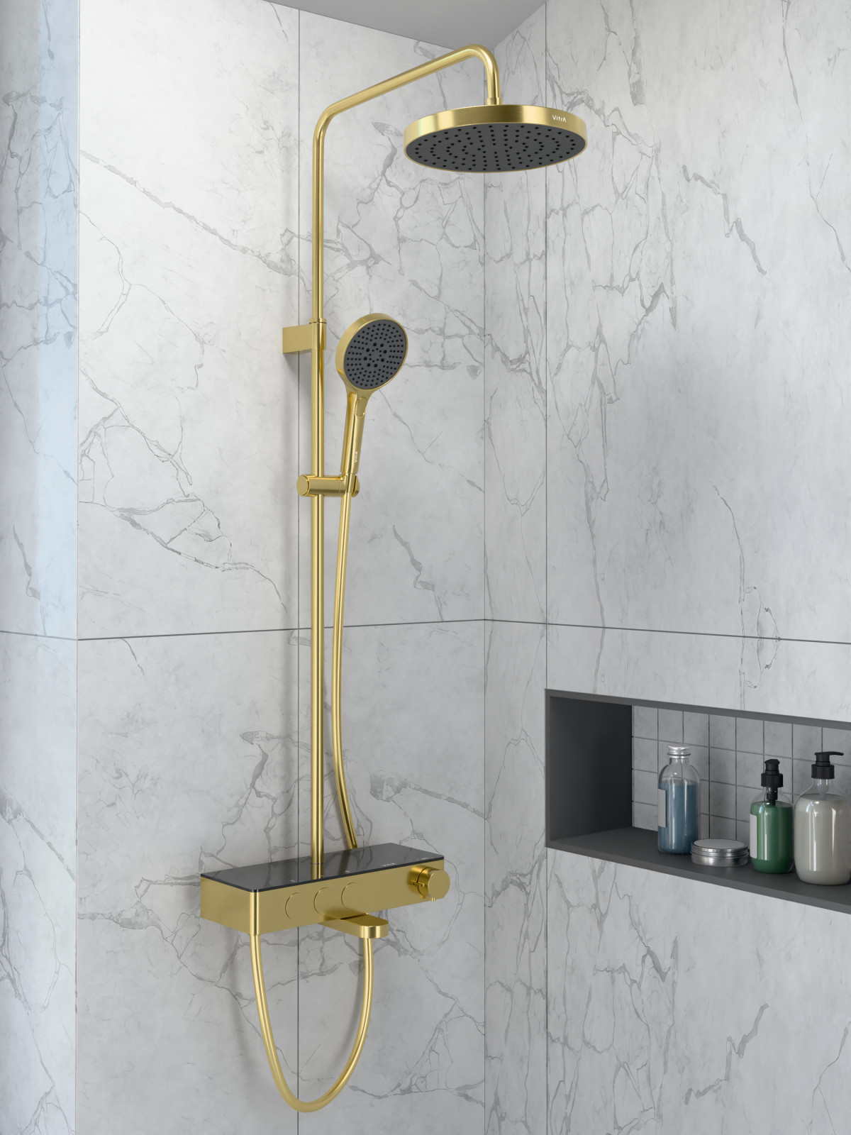 Душевая система VitrA Core (Кор) Round (Раунд) A4730925EXP с термостатическим смесителем и ручным душем брашированное золото