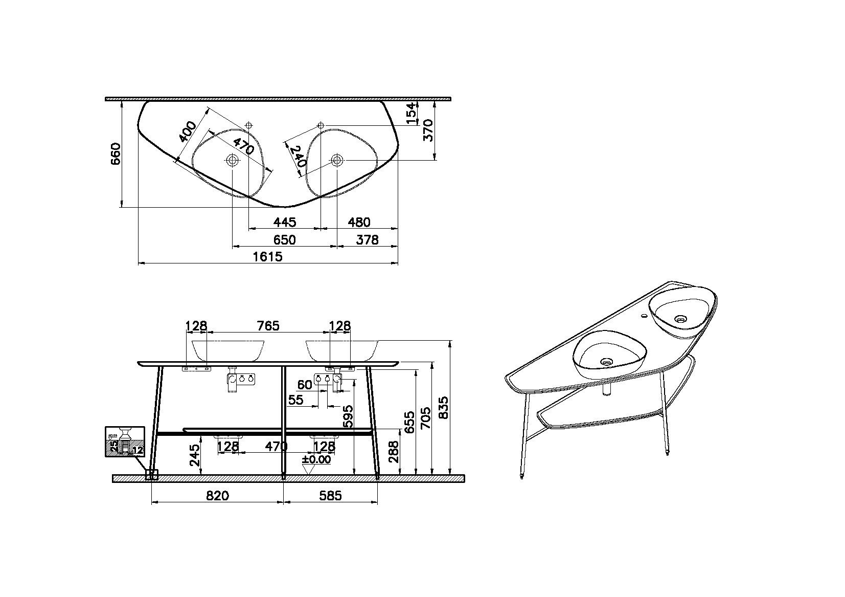 Столешница с раковиной VitrA Plural 64043 160 см отдельностоящая темный дуб массив дерева
