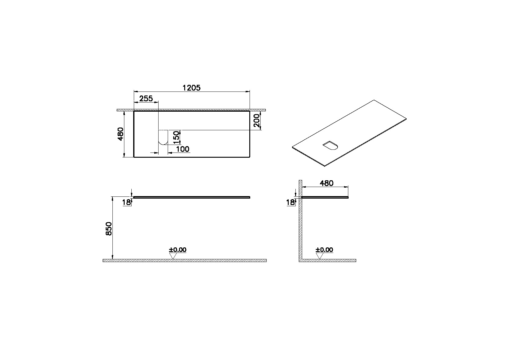 Столешница 120 см, левосторонняя, темный вяз
