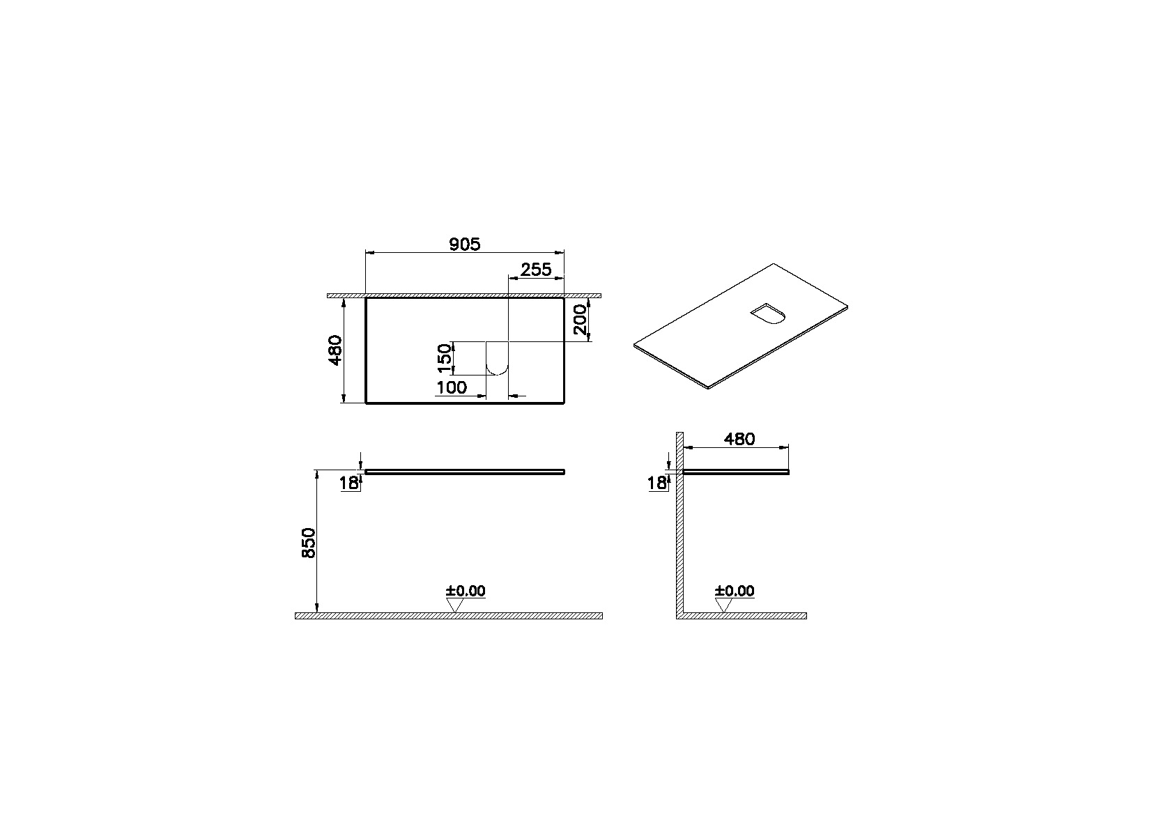 Столешница 90 см, правосторонняя, дуб