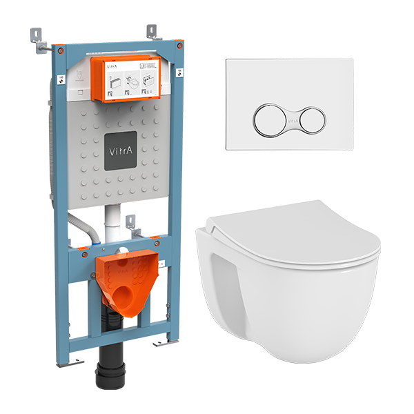 Инсталляция с унитазом VitrA S40 9860B003-7200 комплект 4 в 1 с сиденьем микролифт безободковый цвет клавиши глянцевый хром