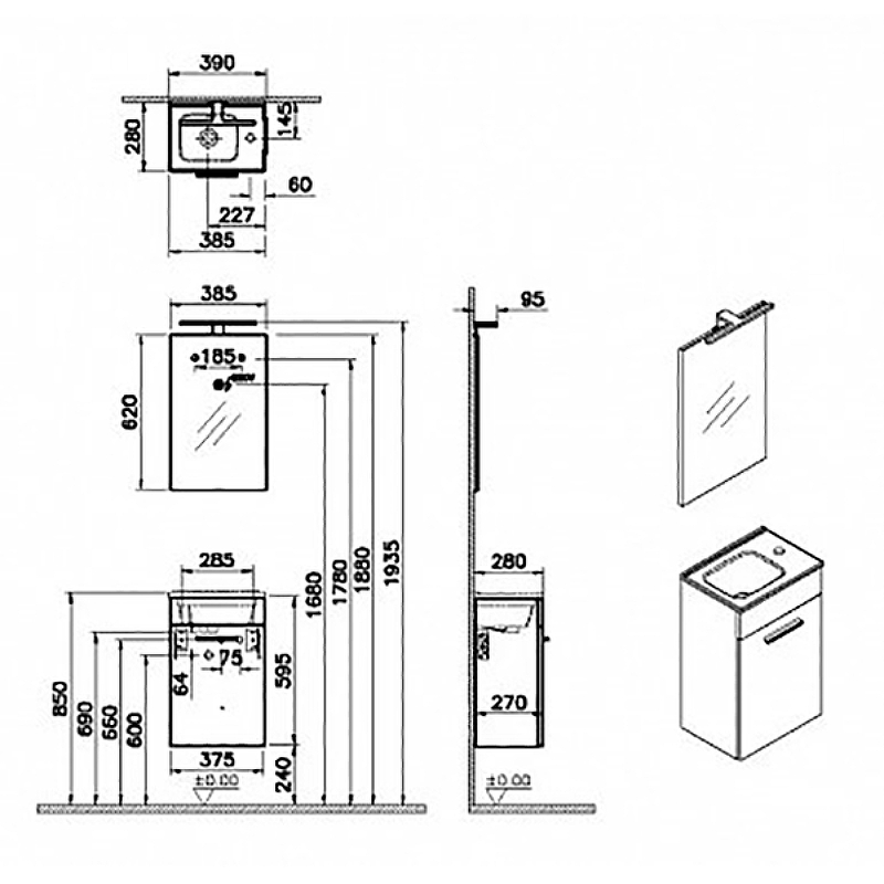 Комплект мебели, 40 см, с дверцами, (тумба, раковина, зеркало), цвет золотой дуб