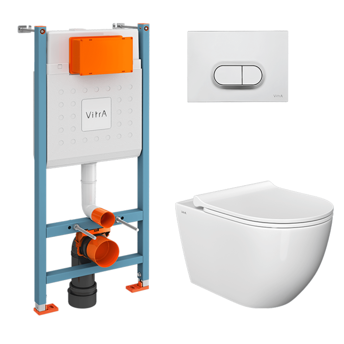 Инсталляция с унитазом VitrA Mia Round 9856B003-7200 комплект 4 в 1 с сиденьем микролифт безободковый цвет клавиши матовый хром