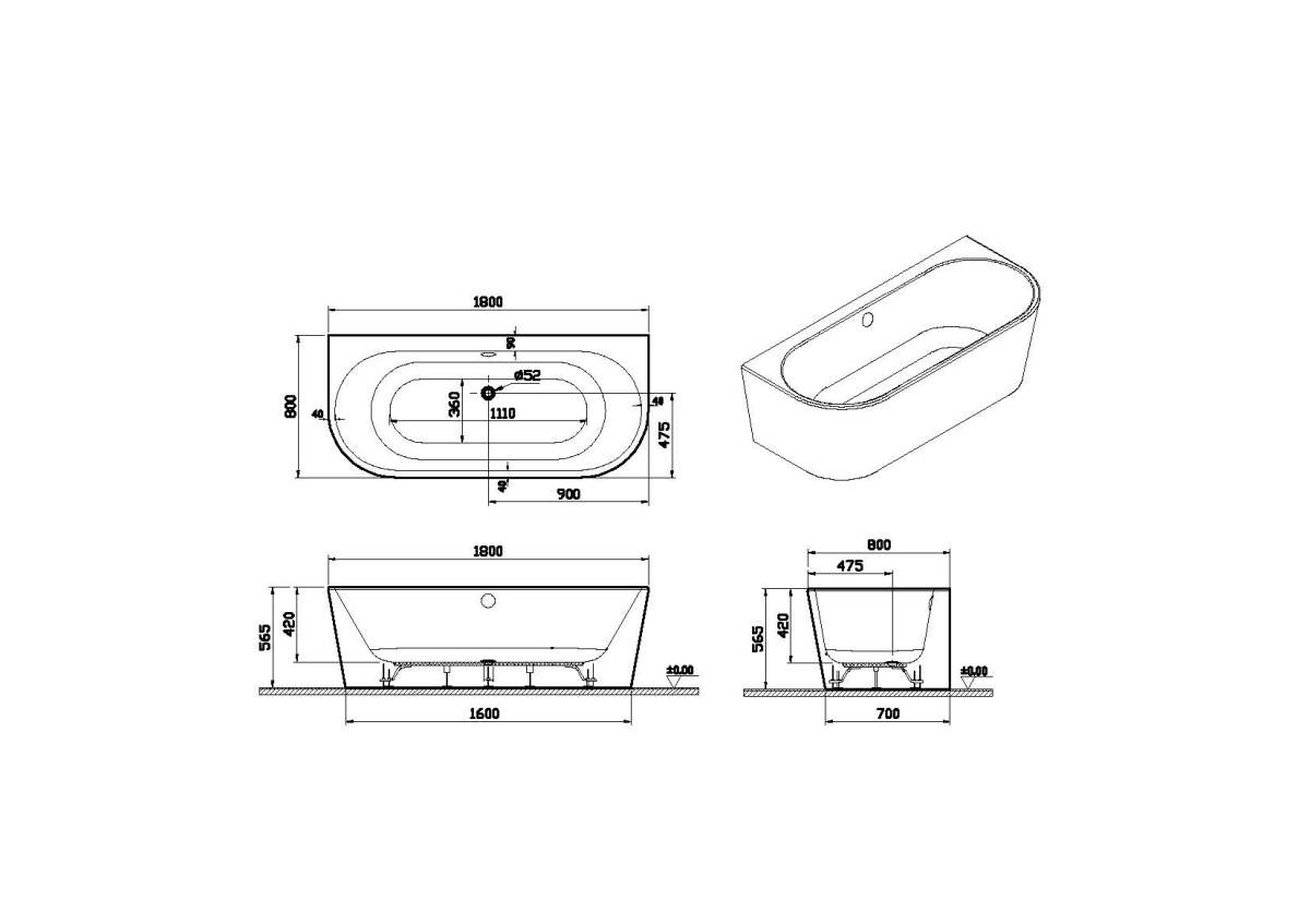 Ванна VitrA Geo 65420006000 180 x 80,5 см отдельностоящая акриловая прямоугольная белая