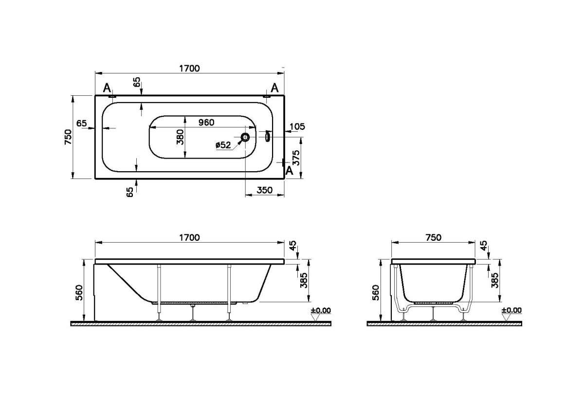 Ванна VitrA Optimum Neo 64570001000 170 x 75 см акриловая прямоугольная белая