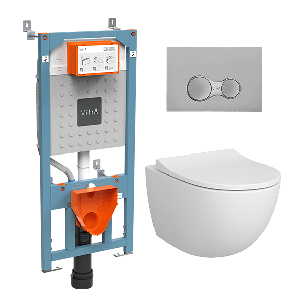 Инсталляция с унитазом VitrA Sento 9830B003-7207 комплект 4 в 1 с сиденьем микролифт безободковый цвет клавиши матовый хром