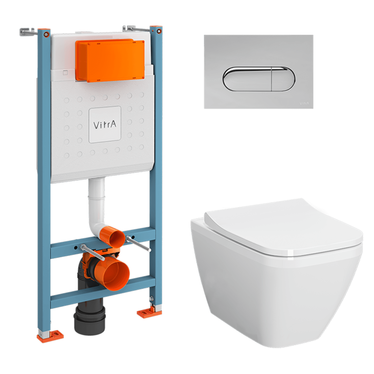 Инсталляция с унитазом VitrA Integra Square 9856B003-7207 комплект 4 в 1 с сиденьем микролифт безободковый цвет клавиши глянцевый хром