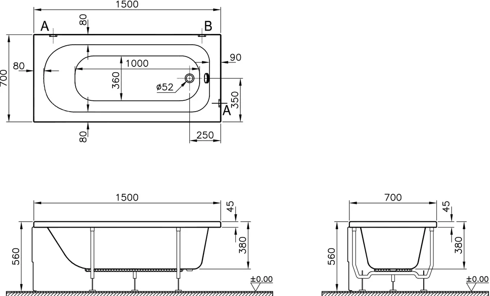 Акриловая ванна VitrA Queen 50840001000 без опоры 150x70