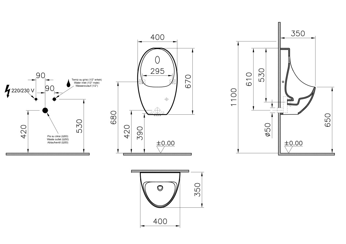 Писсуар VitrA Arkitekt Urinal 5999B003-5556 настенный белый с сенсором антибактериальное покрытие Hygiene