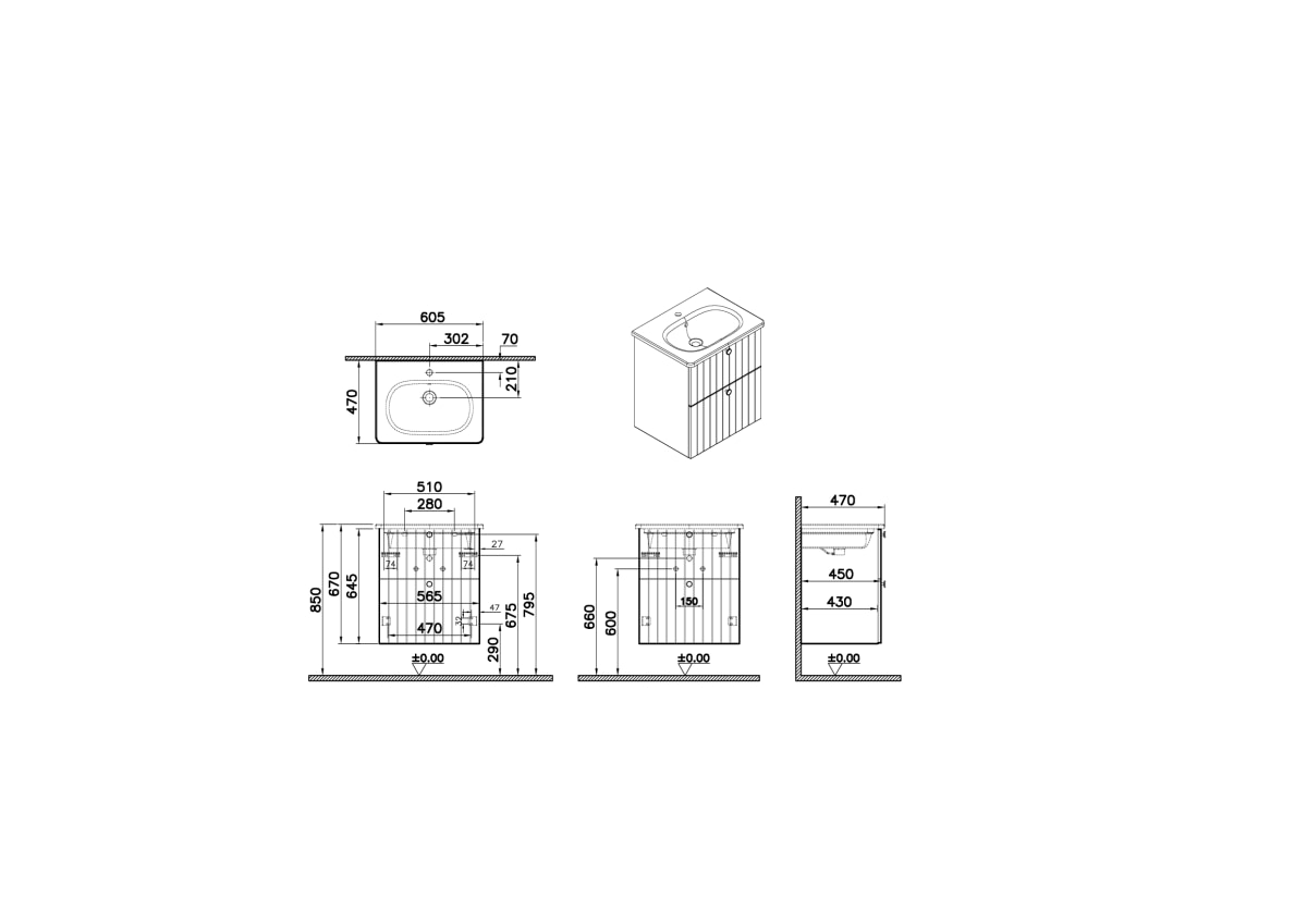 Тумба с раковиной для ванной VitrA Root Groove (Рут Грув) 69417 60 см матовая серая МДФ