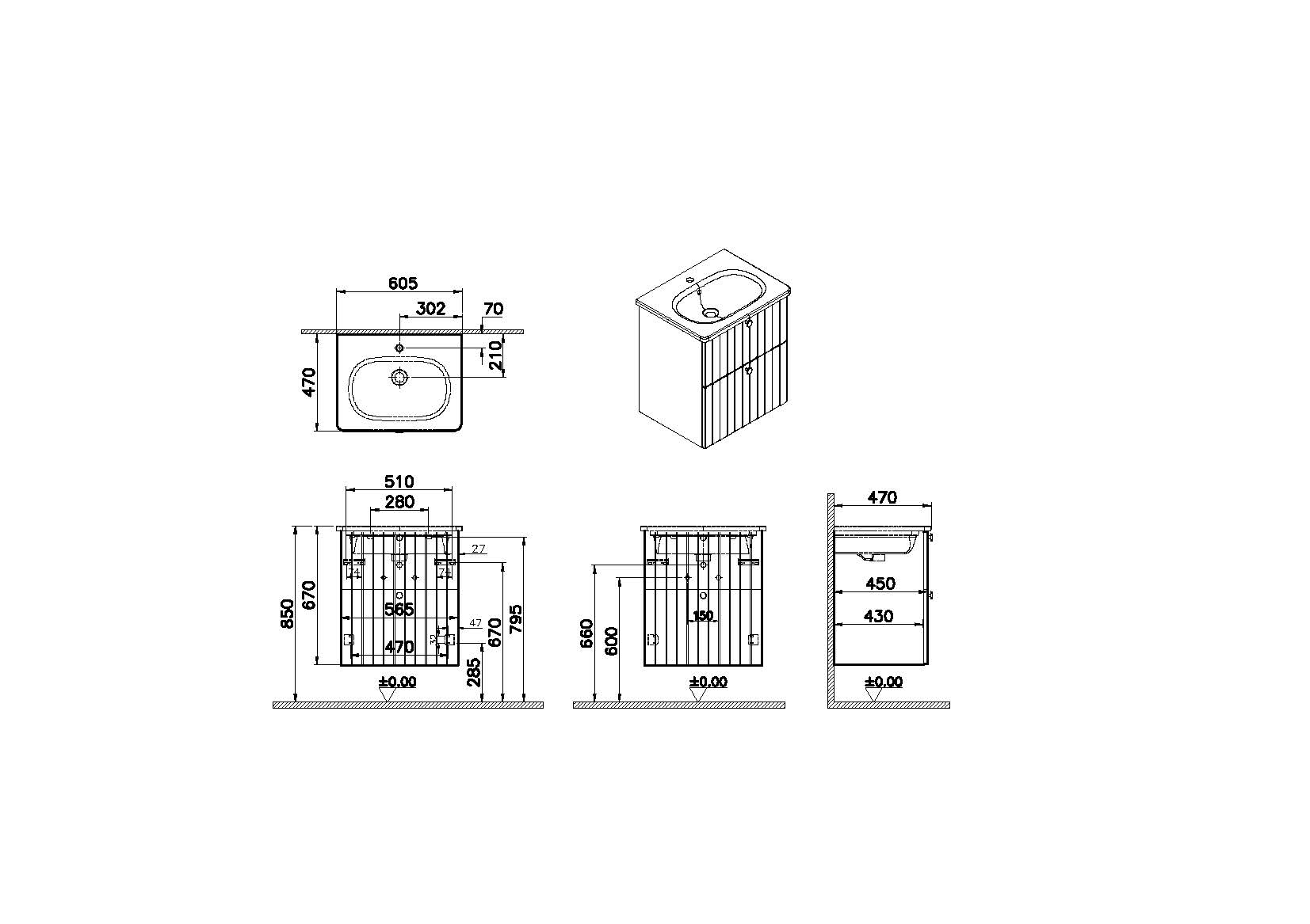 Тумба с раковиной для ванной VitrA Root Groove 69415 60 см матовая белая МДФ