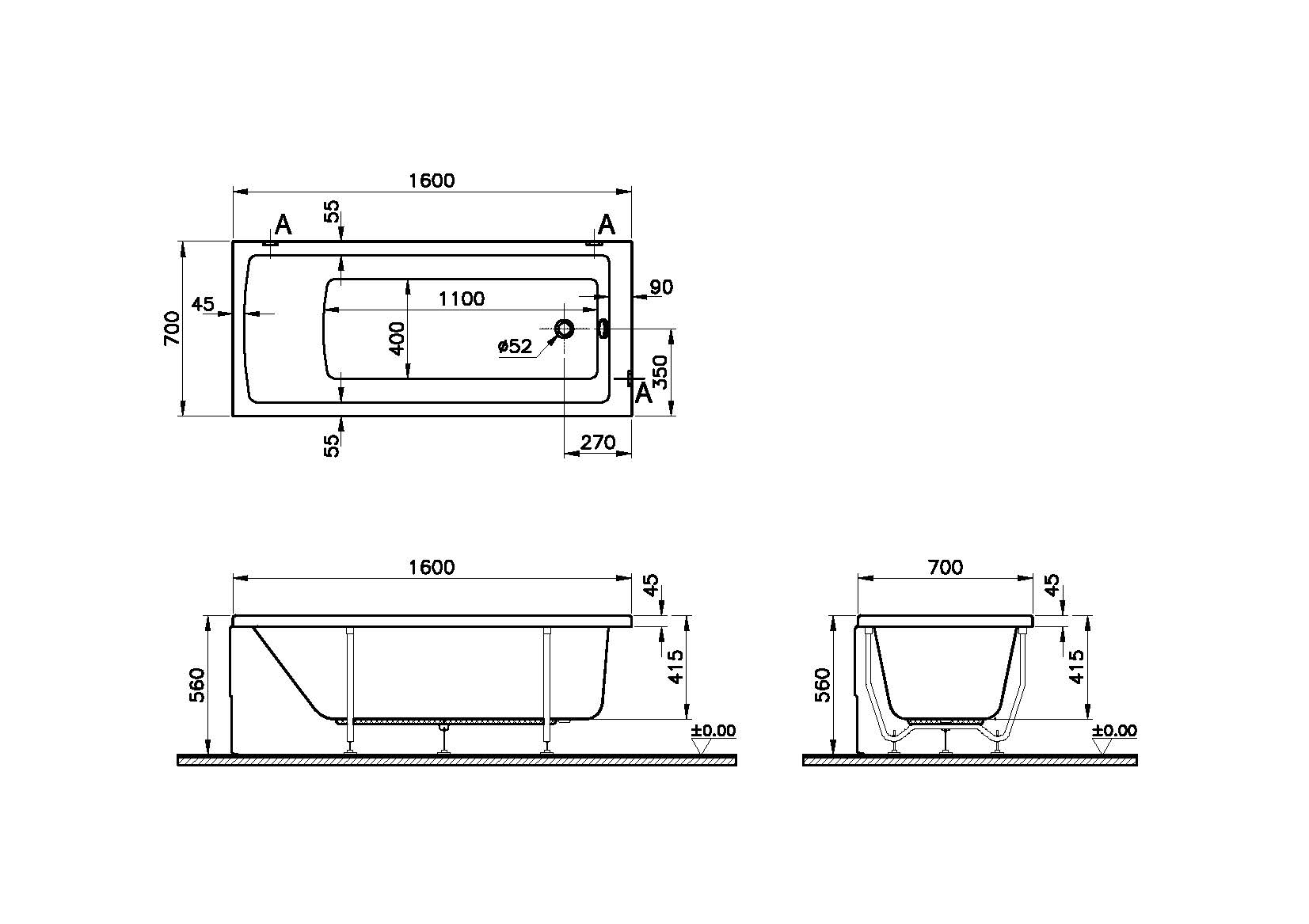 Комплект ванна Vitra Neon 160*70 см с сифоном,ножками и ABS панель