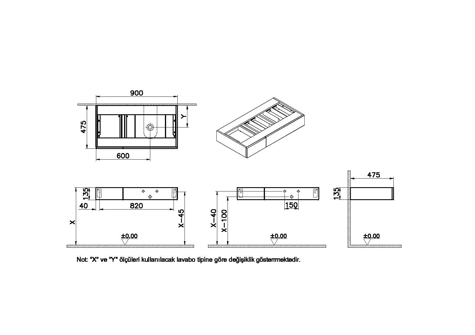 Модуль 90 см под раковину с ящиками, правосторонний, черный дуб