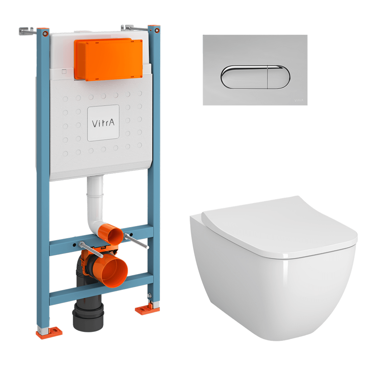 Инсталляция с унитазом VitrA Shift 9855B003-7206 комплект 4 в 1 с сиденьем микролифт безободковый Rim-ex цвет клавиши хром