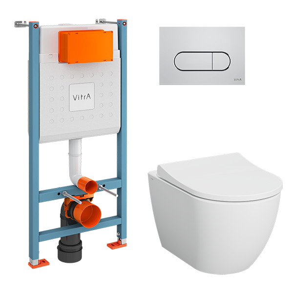 Инсталляция с унитазом VitrA Mia Round 9873B003-7201 комплект 4 в 1 с сиденьем микролифт безободковый цвет клавиши глянцевый хром