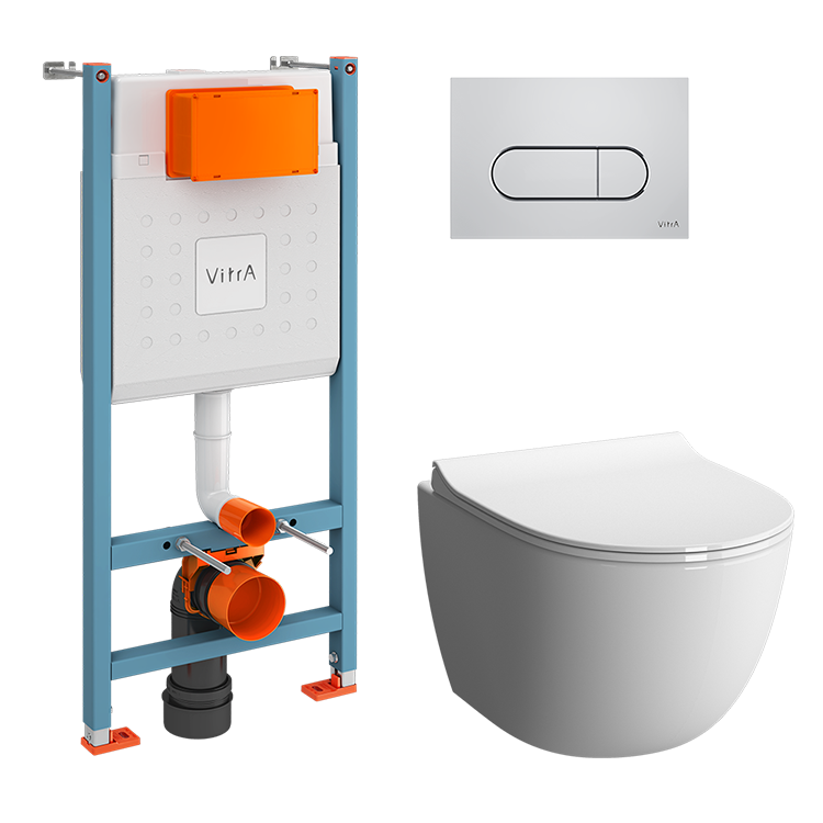 Инсталляция с унитазом VitrA Sento 9830B003-7212 комплект 4 в 1 с сиденьем микролифт безободковый цвет клавиши глянцевый хром