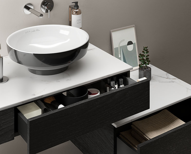 Модуль 90 см под раковину с ящиками, правосторонний, черный дуб