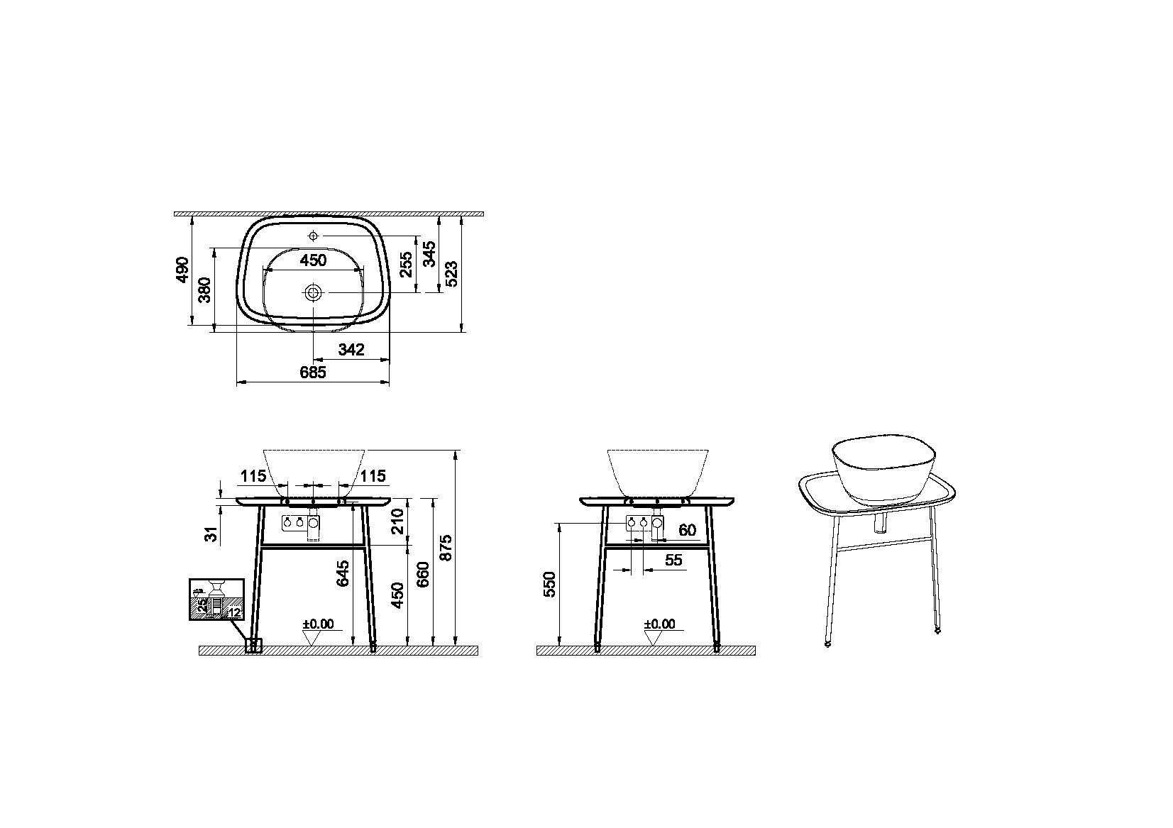 Столешница с раковиной VitrA Plural 62561 70 см отдельностоящая матовая белая керамика