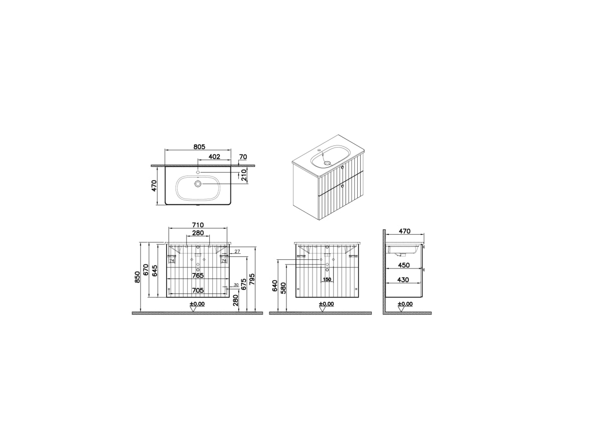 Тумба с раковиной для ванной VitrA Root Groove (Рут Грув) 69436 80 см матовая белая МДФ