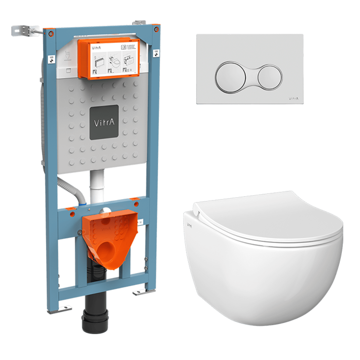 Инсталляция с унитазом VitrA Sento 9830B003-7207 комплект 4 в 1 с сиденьем микролифт безободковый цвет клавиши матовый хром