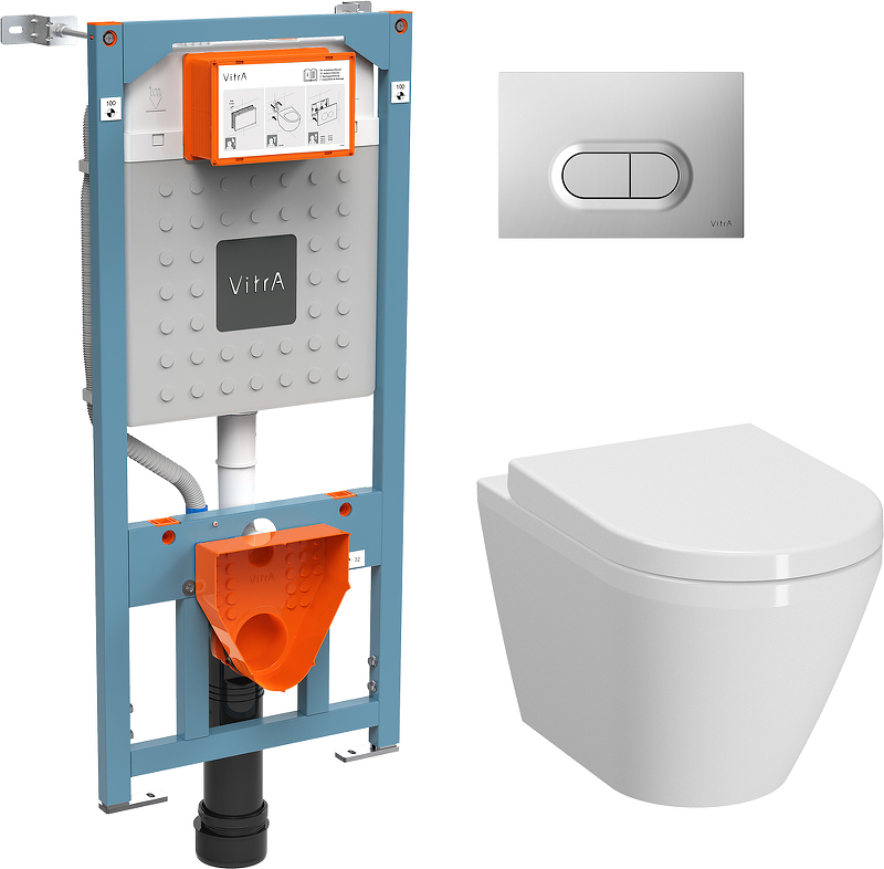 Инсталляция с унитазом VitrA Integra Round 9004B003-7202 комплект 4 в 1 с сиденьем микролифт безободковый цвет клавиши матовый хром