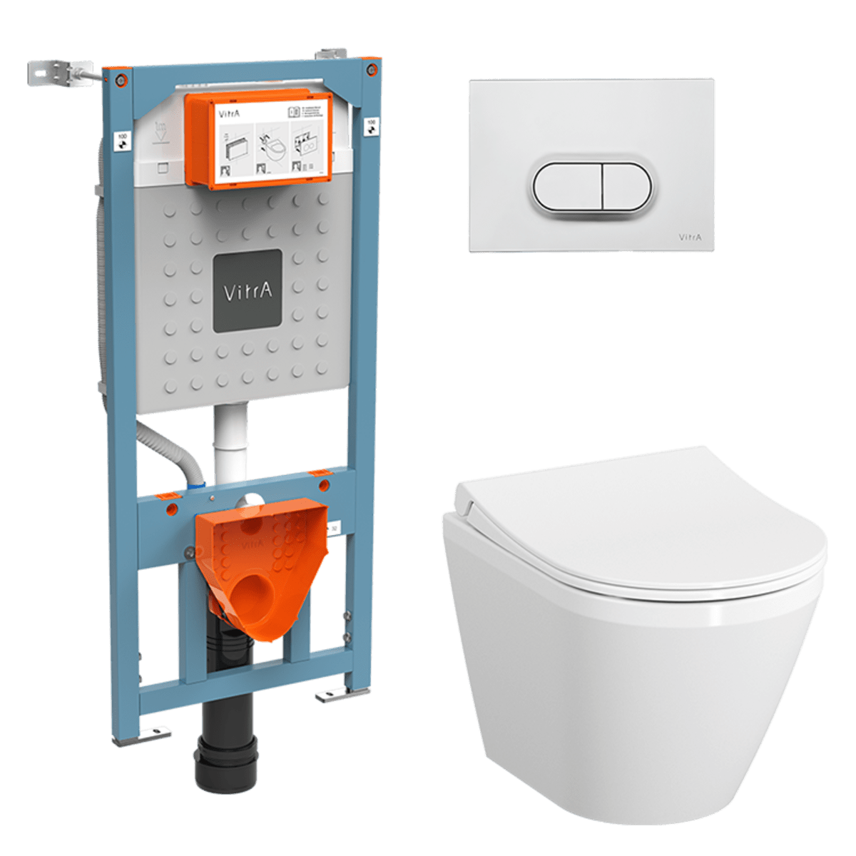 Инсталляция с унитазом VitrA Integra Round 9004B003-7202 комплект 4 в 1 с сиденьем микролифт безободковый цвет клавиши матовый хром