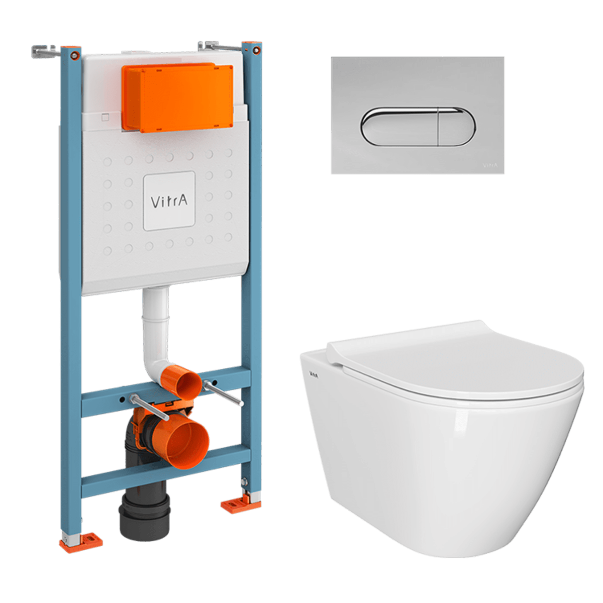 Инсталляция с унитазом VitrA Sanibelle 9878B003-7200 комплект 4 в 1 с сиденьем микролифт безободковый цвет клавиши глянцевый хром