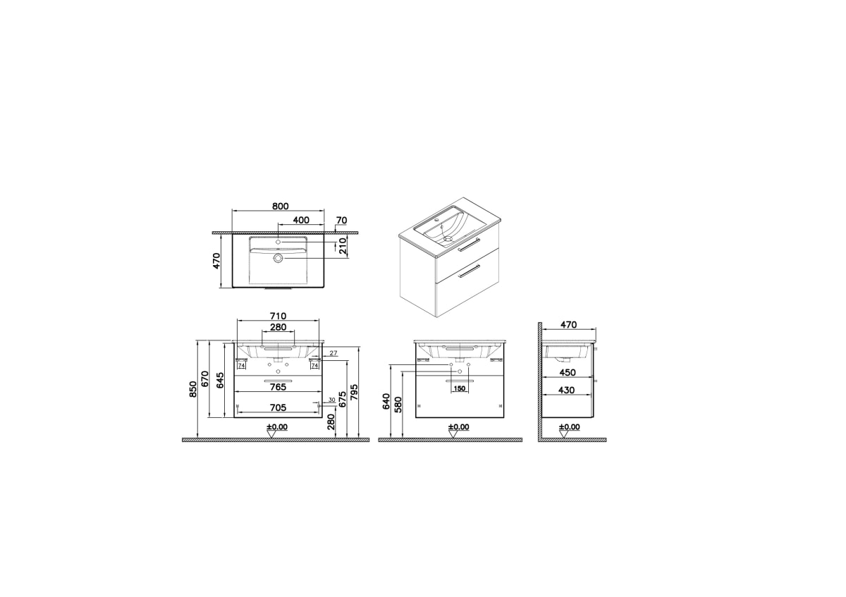 Тумба с раковиной для ванной VitrA Root Flat (Рут Флэт) 66306 80 см глянцевая белая МДФ