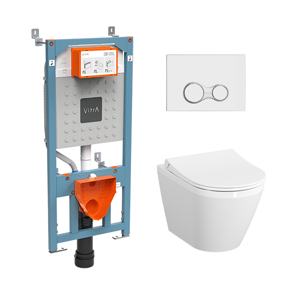Инсталляция с унитазом VitrA Integra Round 9856B003-7205 комплект 4 в 1 с сиденьем микролифт безободковый цвет клавиши глянцевый хром