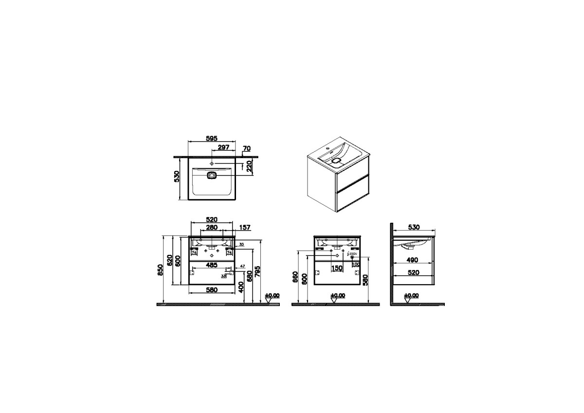 Тумба с раковиной для ванной VitrA Metropole Edge 67154 60 см грецкий орех МДФ