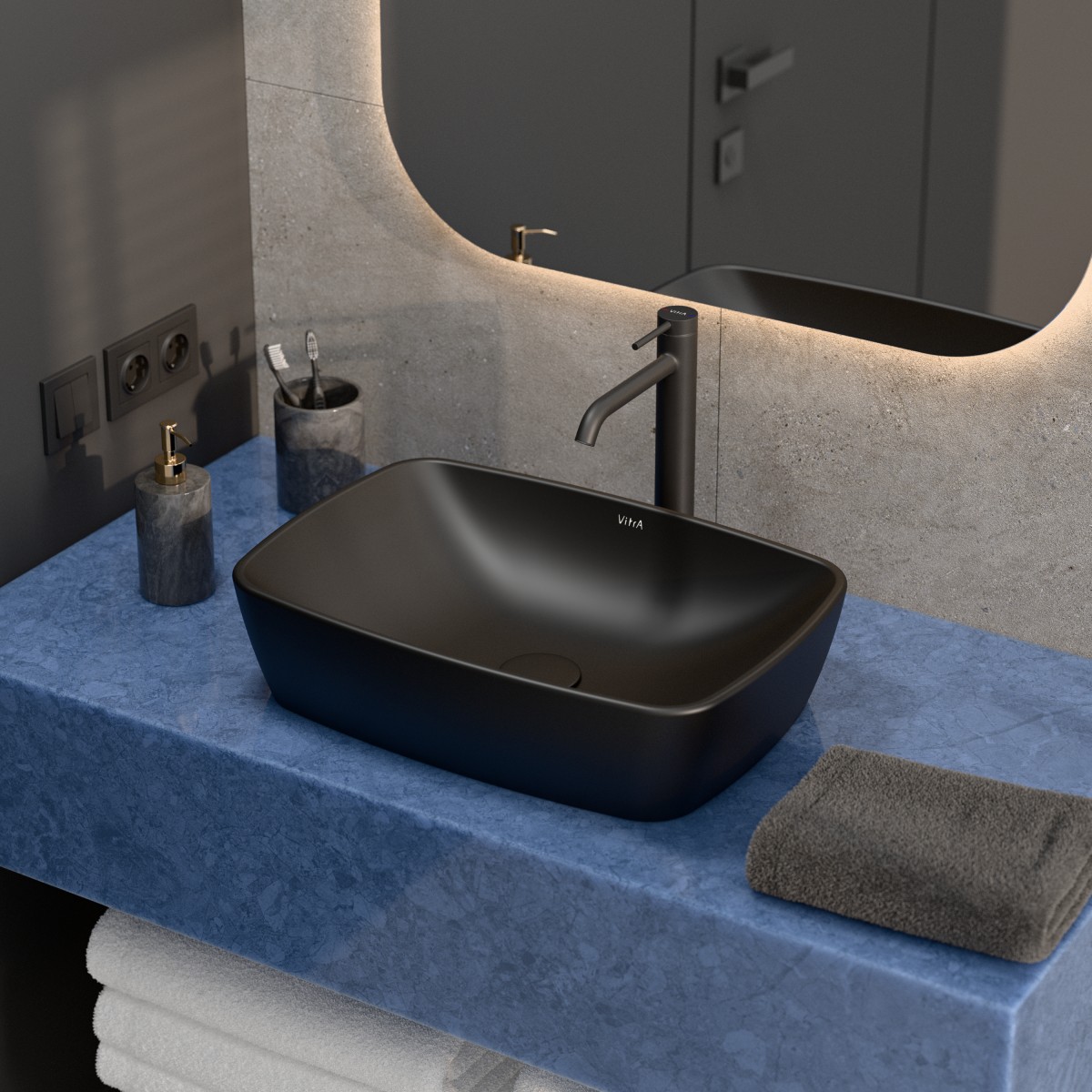 Раковина чаша VitrA Shift (Шифт) 7075B083-0016, 55 x 38 см, накладная, черная, антибактериальное покрытие Hygiene (Хайджн)