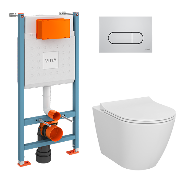 Инсталляция с унитазом VitrA Sanibelle 9878B003-7200 комплект 4 в 1 с сиденьем микролифт безободковый цвет клавиши глянцевый хром