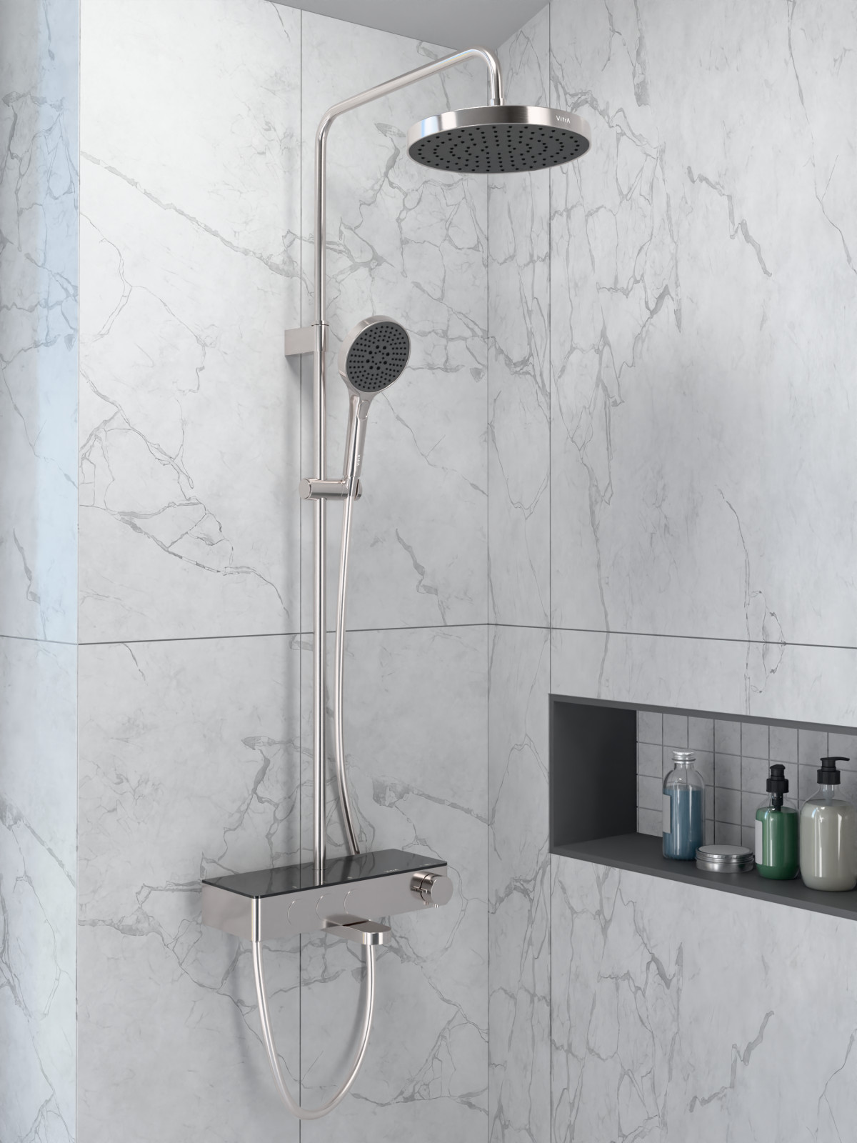 Душевая система VitrA Core (Кор) Round (Раунд) A4730934EXP с термостатическим смесителем и ручным душем брашированная никель