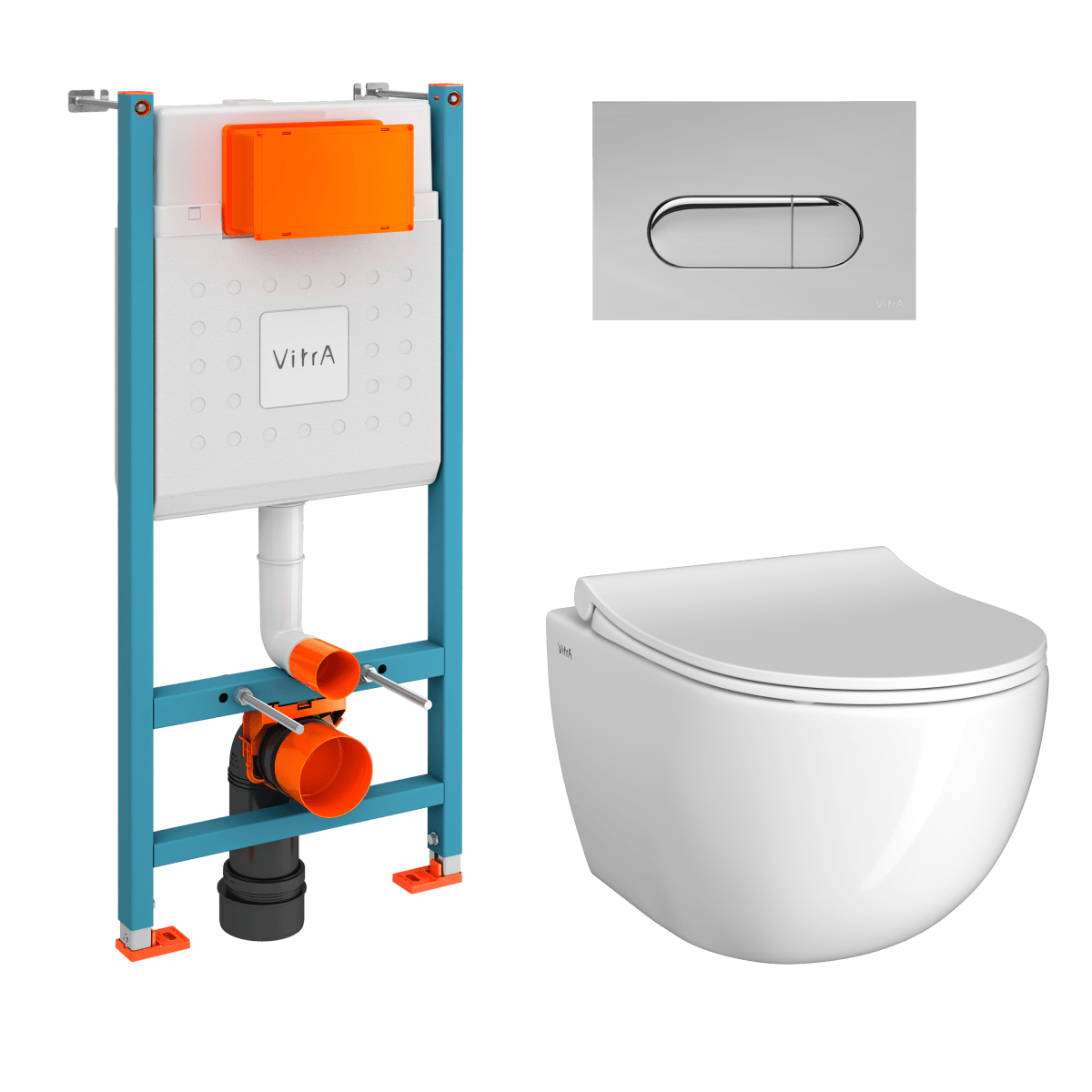 Инсталляция с унитазом VitrA Sento (Сенто) 9830B003-7212, комплект 4 в 1, с сиденьем микролифт, безободковый цвет клавиши глянцевый хром