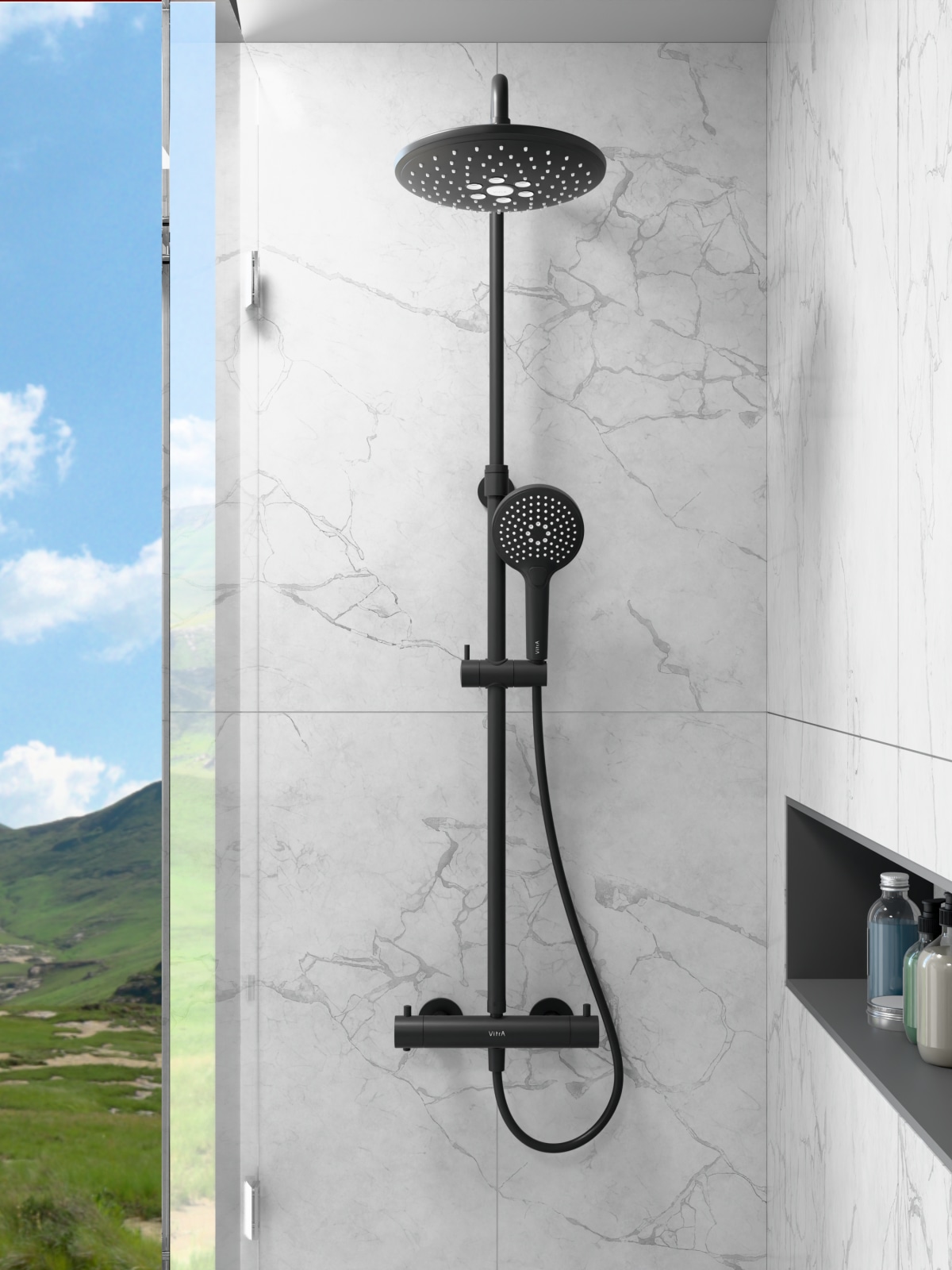 Душевая система VitrA Aquaheat(Аквахит) A4720536EXP, с термостатическим смесителем и ручным душем, матовая черная, латунь