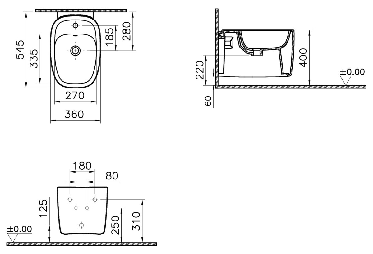 Биде VitrA Plural 7831B483-0288 подвесное матовое черное с отверстием под смеситель покрытие Hygiene + Clean