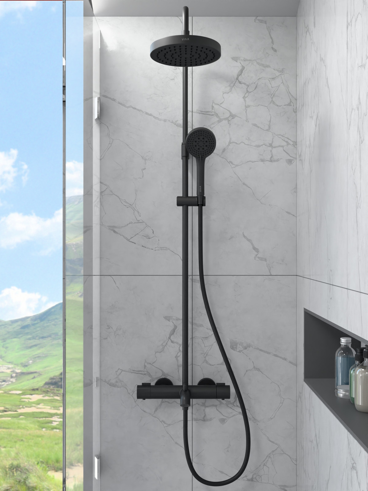 Душевая система VitrA Base Round (Раунд) (Бейс Раунд) A4730336EXP с термостатическим смесителем и ручным душем матовая черная латунь