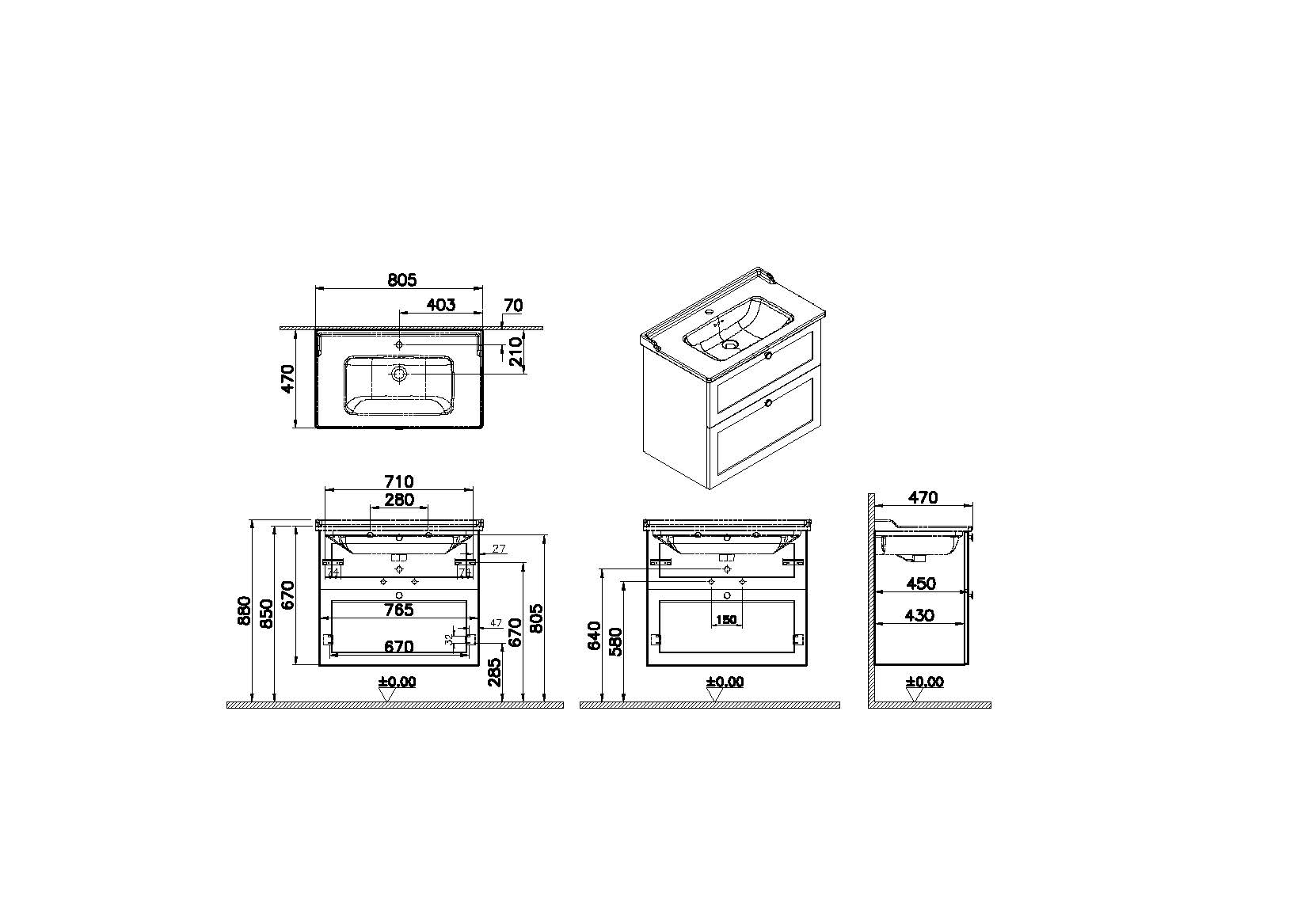 Модуль Root Classic 80 см с классической раковиной, матовый темно-синий