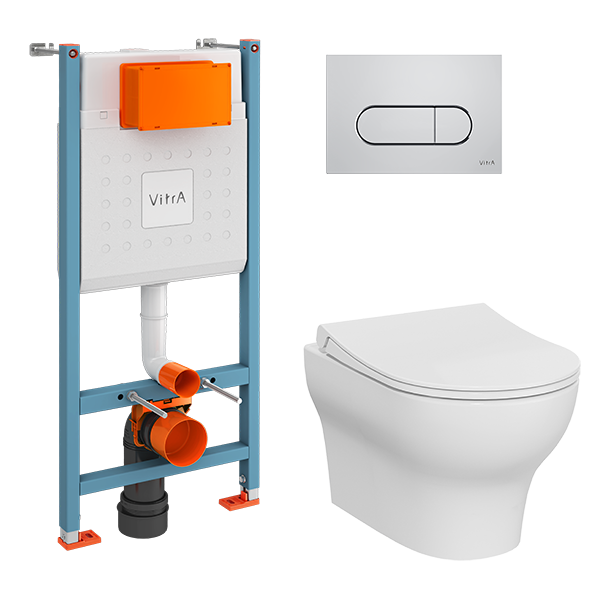 Инсталляция с унитазом VitrA Zentrum Round 9879B003-7200 комплект 4 в 1 с сиденьем микролифт безободковый цвет клавиши глянцевый хром