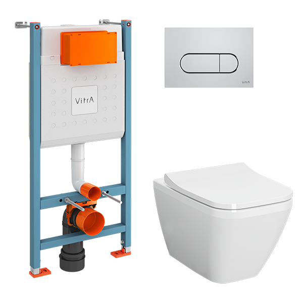 Инсталляция с унитазом VitrA Integra Square 9856B003-7207 комплект 4 в 1 с сиденьем микролифт безободковый цвет клавиши глянцевый хром