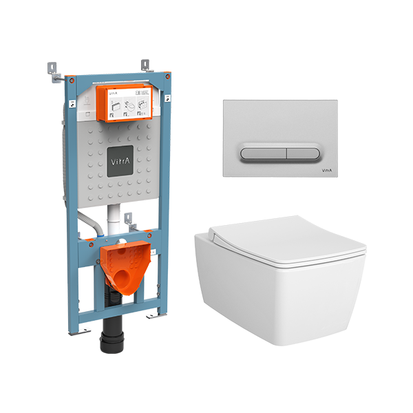 Инсталляция с унитазом VitrA Metropole 9820B003-7201 комплект 4 в 1 с сиденьем микролифт безободковый цвет клавиши матовый хром