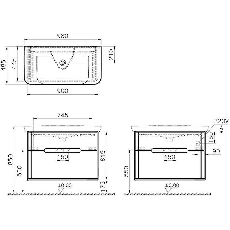 Тумба с раковиной для ванной VitrA Sento 60838 100 см матовая антрацит МДФ