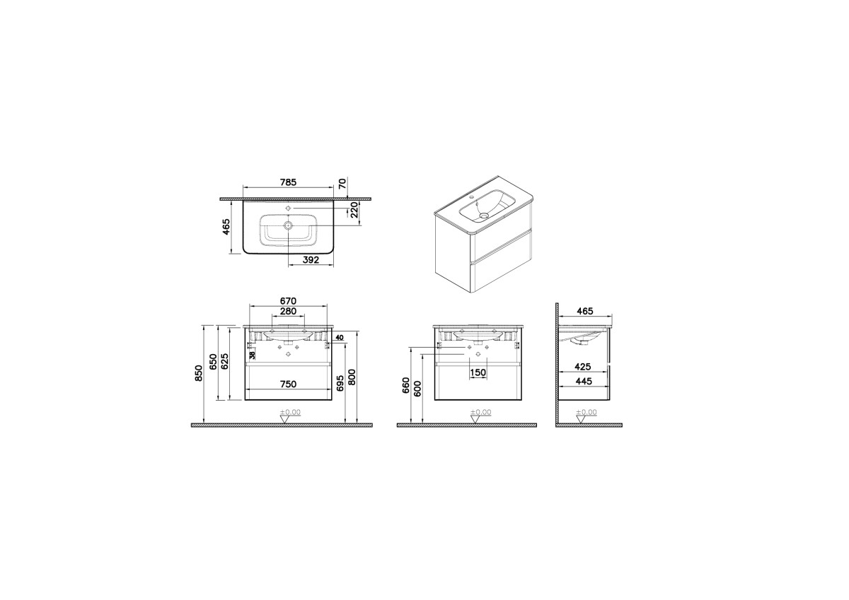 Тумба с раковиной для ванной VitrA Mia Plus Round 69825 80 см золотой дуб ДСП