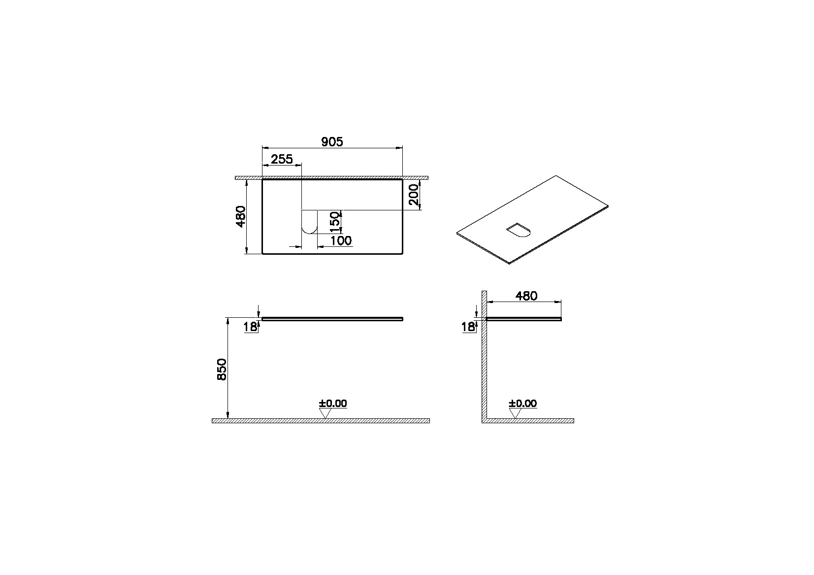 Столешница 90 см, левосторонняя, черный дуб