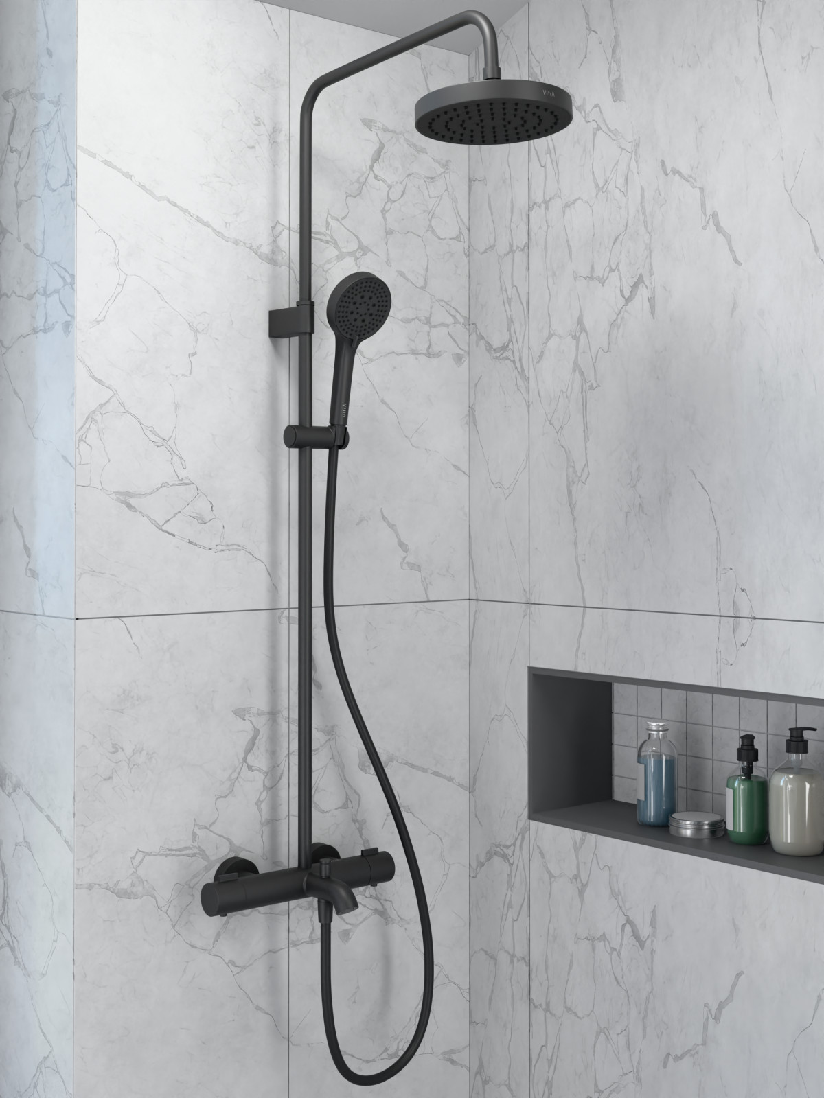 Душевая система VitrA Base Round (Раунд) (Бейс Раунд) A4730336EXP с термостатическим смесителем и ручным душем матовая черная латунь