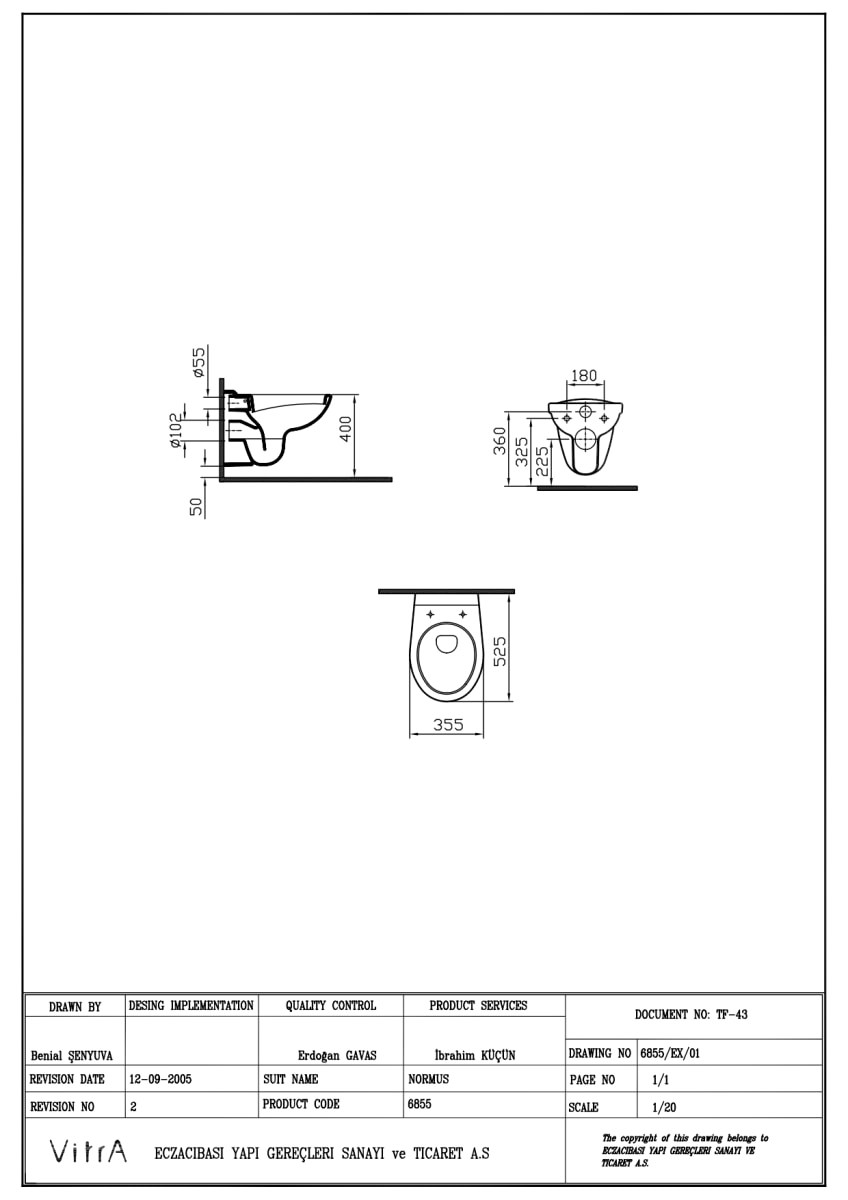Подвесной унитаз VitrA Normus (Нормус) 6855B003-0101 ободковый Open-Rim белый санитарный фарфор антибактериальное покрытие Hygiene (Хайджн)