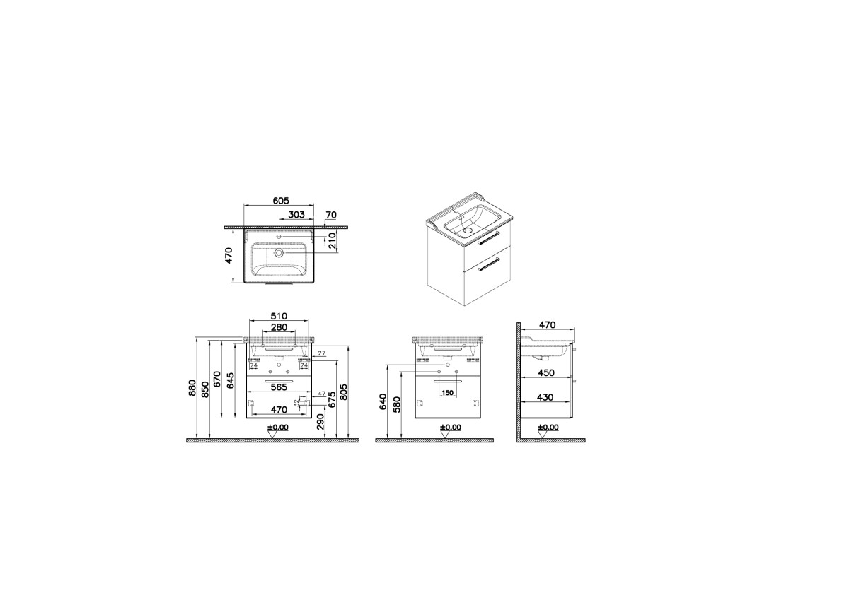 Тумба с раковиной для ванной VitrA Root Flat 68279 60 см матовая серый камень МДФ